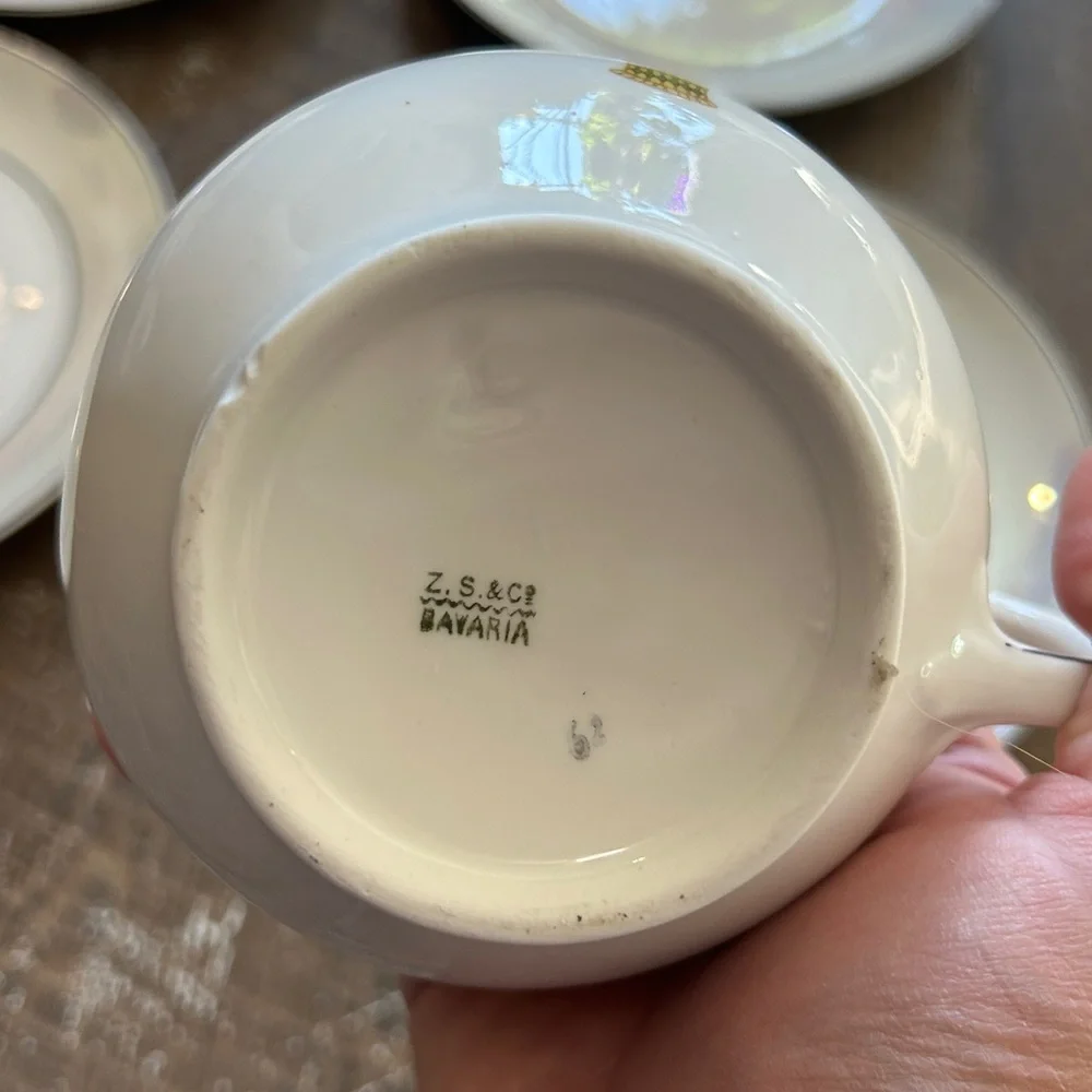 Z.S.C. Bavaria Iridescent Floral Porcelain Lunch Plates Tea Cups Saucers Sugar‎